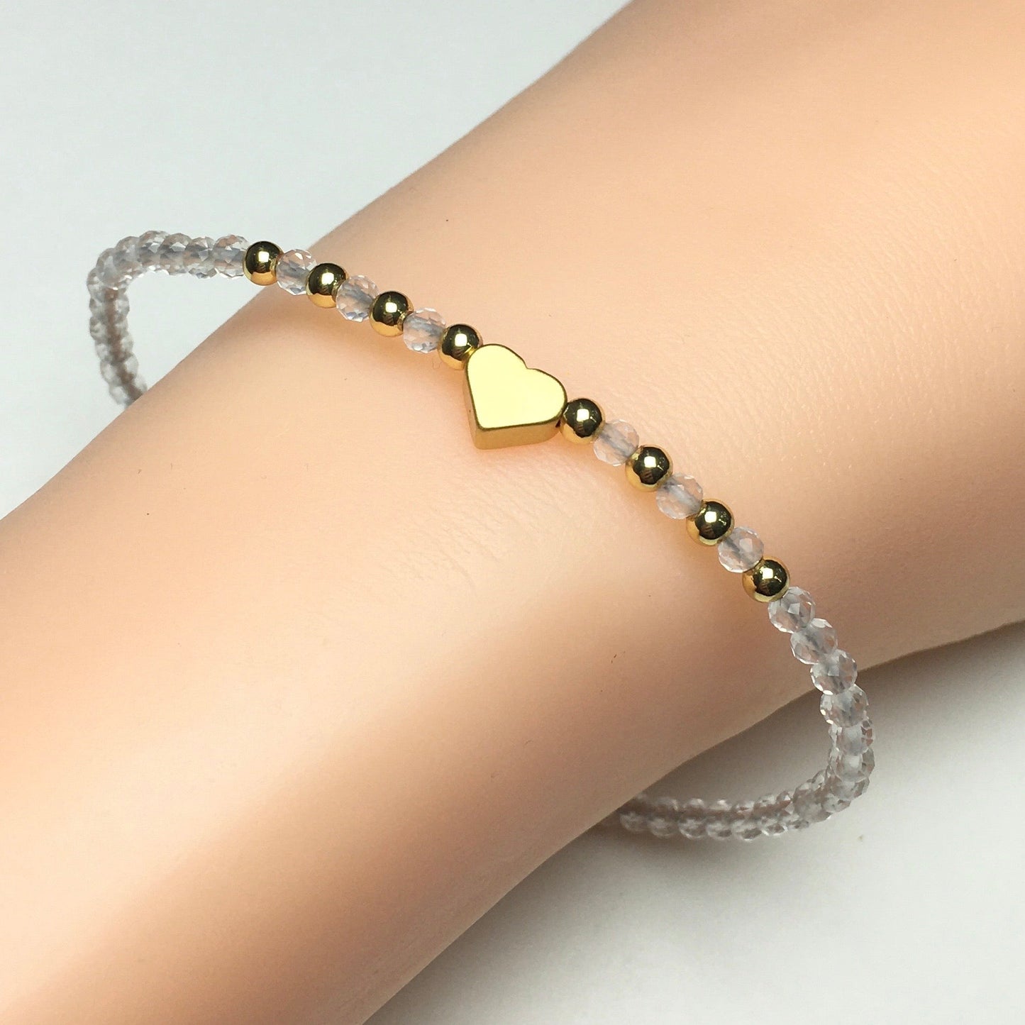 Clear Quartz Gemstone Adjustable Tiny Beads Gemstone Bracelet with Love Heart Charm