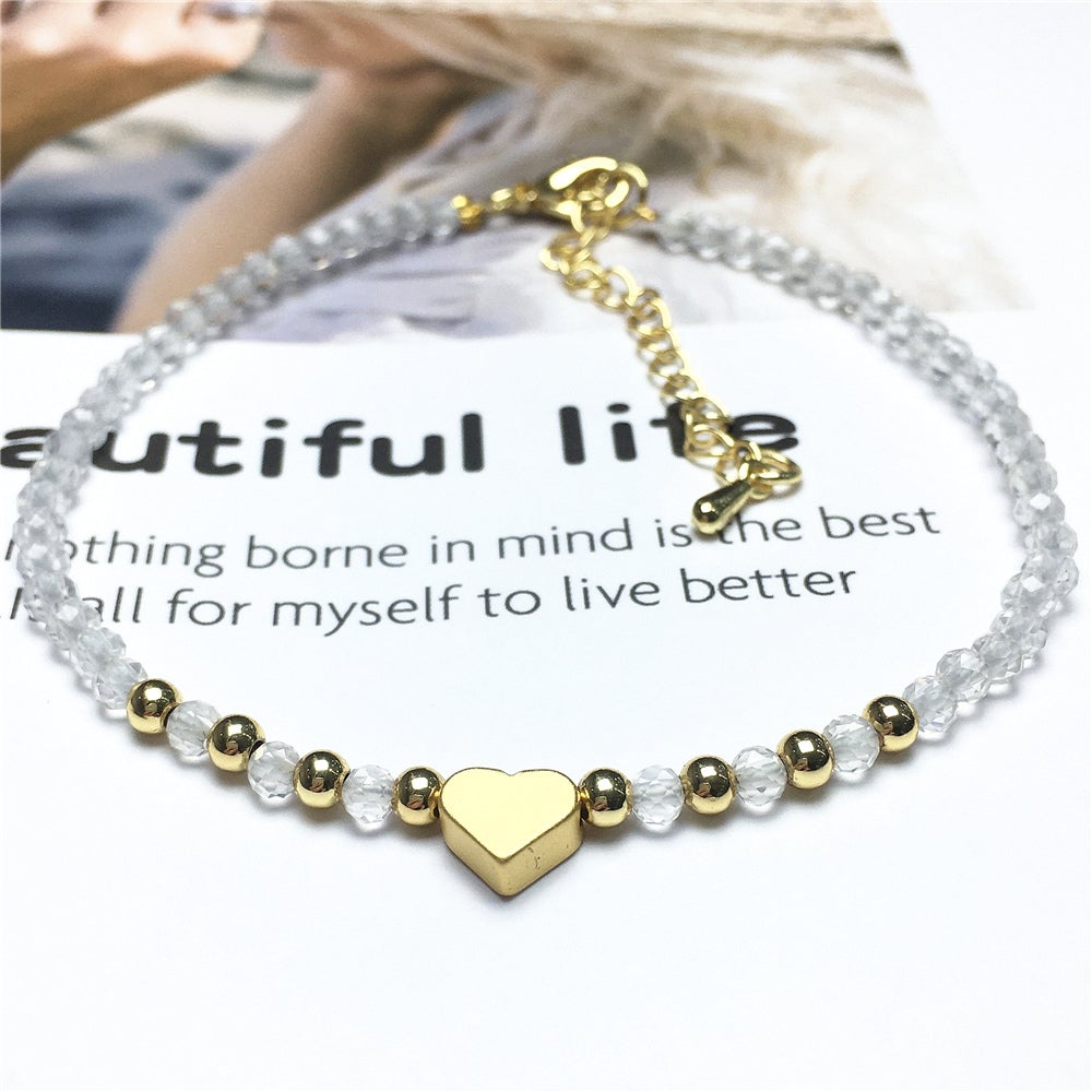 Clear Quartz Gemstone Adjustable Tiny Beads Gemstone Bracelet with Love Heart Charm