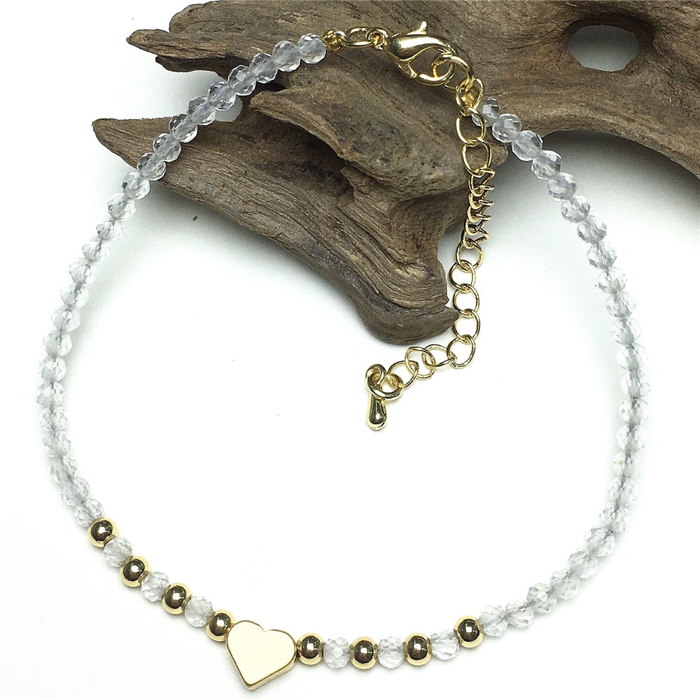 Clear Quartz Gemstone Adjustable Tiny Beads Gemstone Bracelet with Love Heart Charm