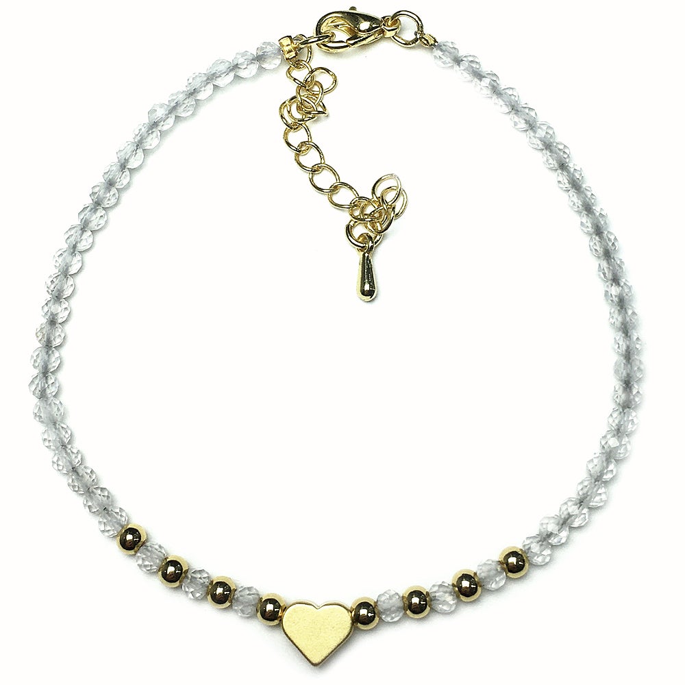 Clear Quartz Gemstone Adjustable Tiny Beads Gemstone Bracelet with Love Heart Charm