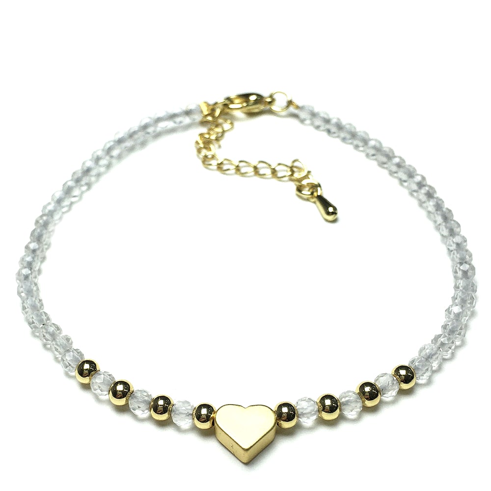 Clear Quartz Gemstone Adjustable Tiny Beads Gemstone Bracelet with Love Heart Charm