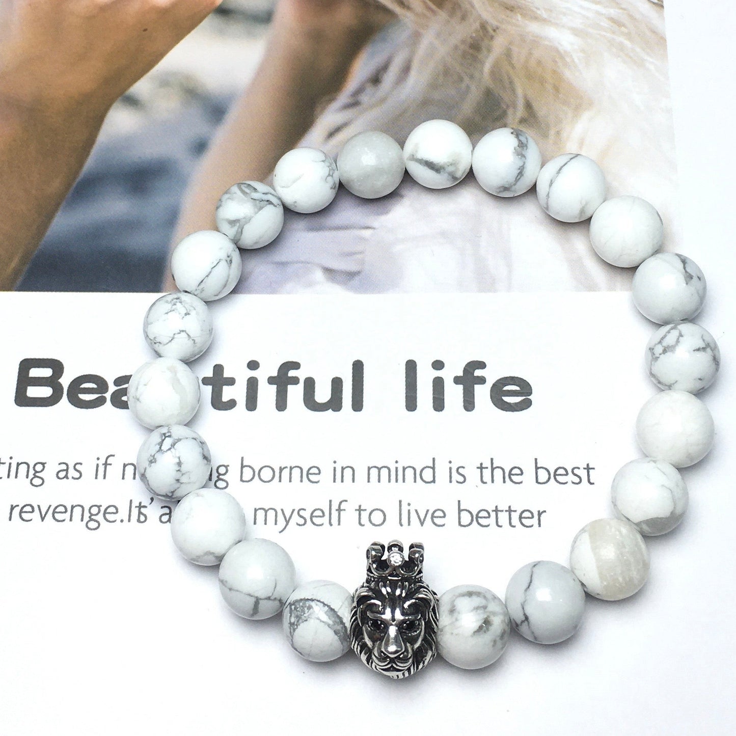 Natural Howlite Gemstone Bracelet Beaded Adjustable Bracelet Lion King Design