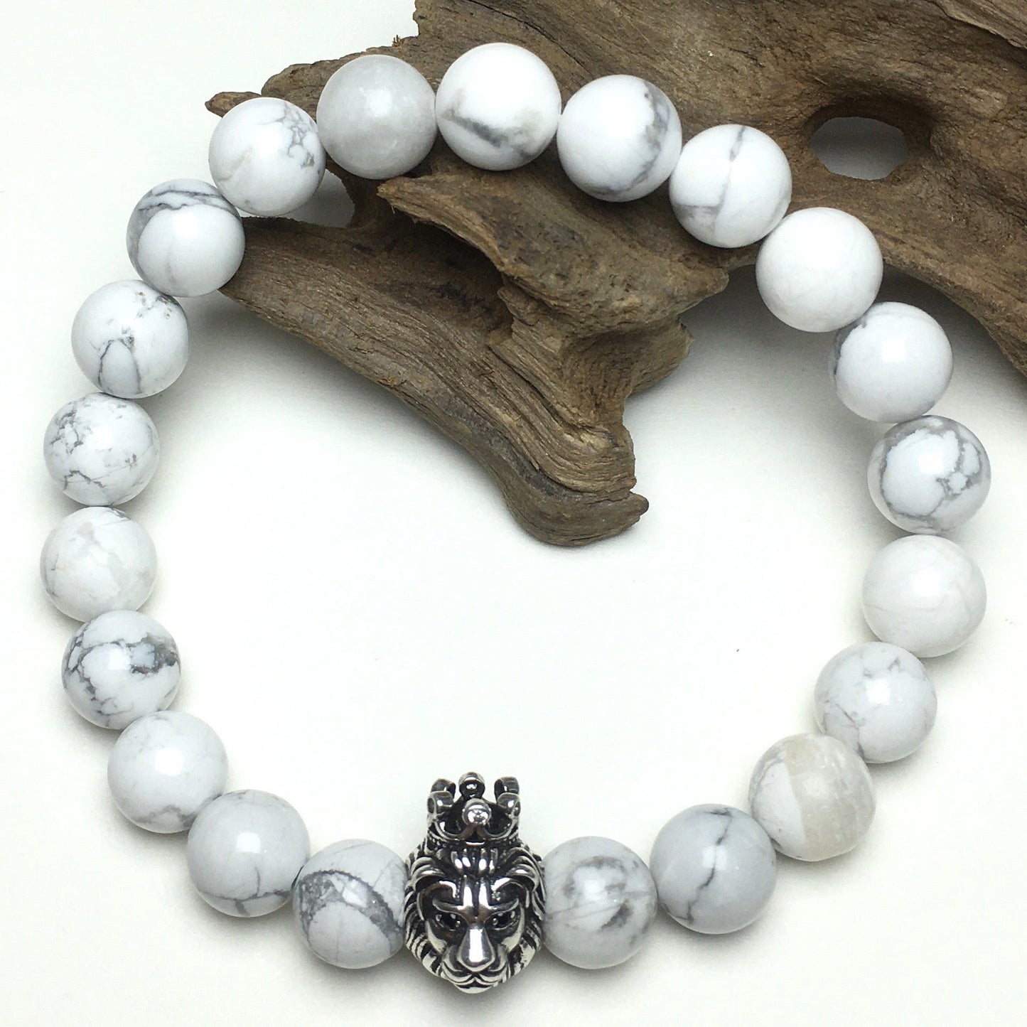 Natural Howlite Gemstone Bracelet Beaded Adjustable Bracelet Lion King Design