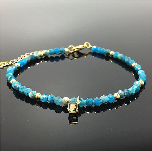 Blue Apatite Gemstone with Rhinestone Charm Adjustable Beaded Bracelet