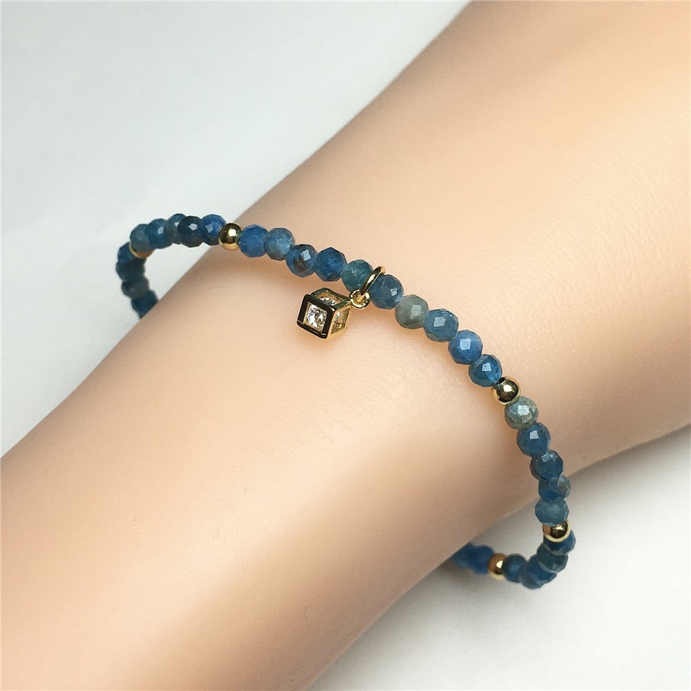 Blue Apatite Gemstone with Rhinestone Charm Adjustable Beaded Bracelet