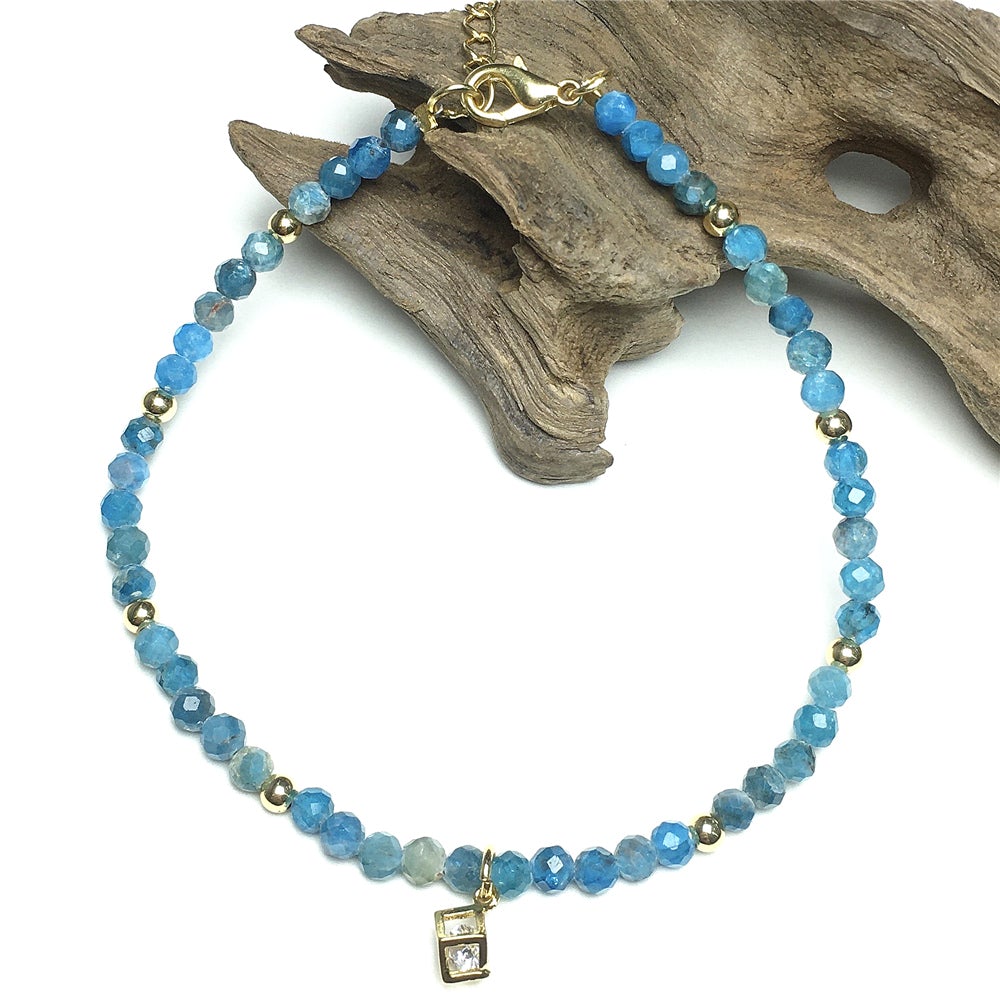 Blue Apatite Gemstone with Rhinestone Charm Adjustable Beaded Bracelet