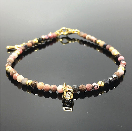 Tourmaline Gemstone with Rhinestone Cubic Charm Adjustable Tiny Gemstone Beads Bracelet