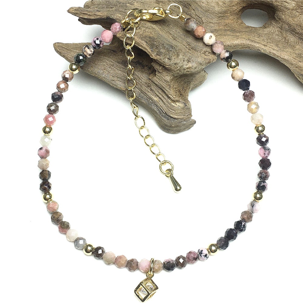 Tourmaline Gemstone with Rhinestone Cubic Charm Adjustable Tiny Gemstone Beads Bracelet