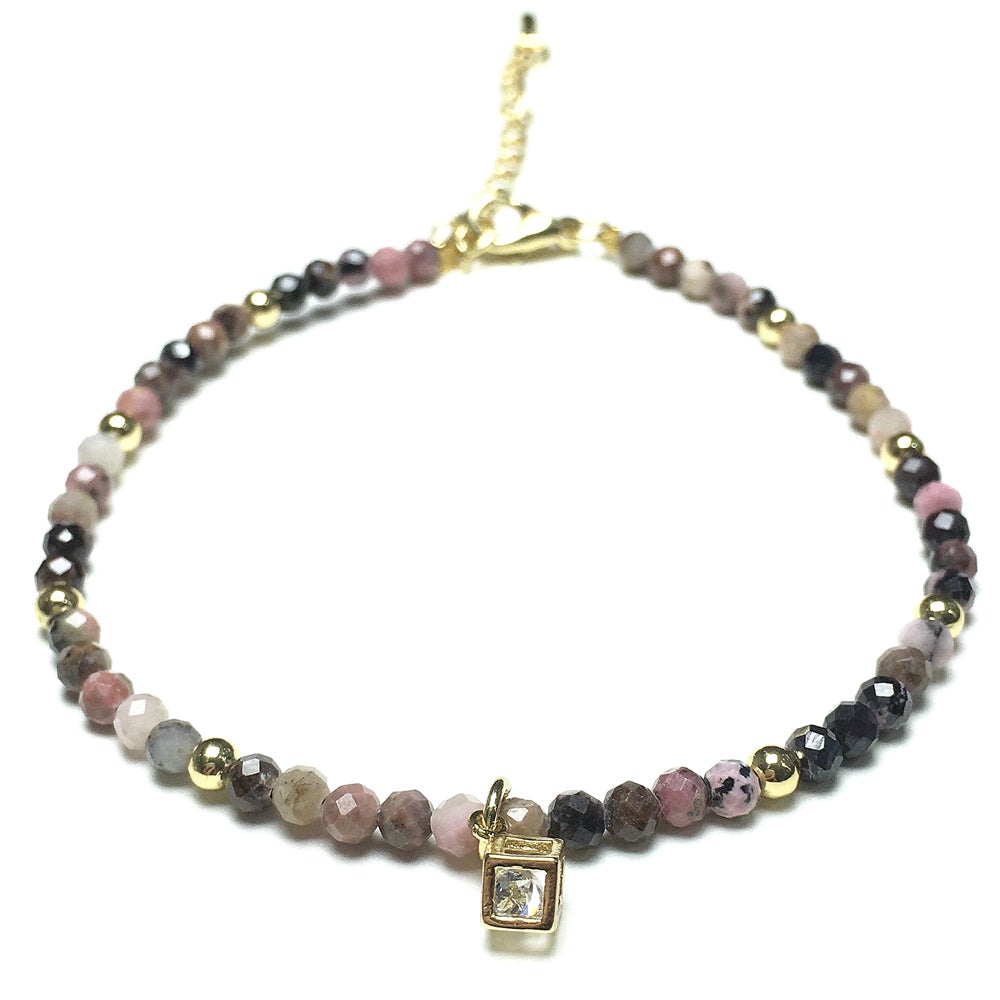 Tourmaline Gemstone with Rhinestone Cubic Charm Adjustable Tiny Gemstone Beads Bracelet