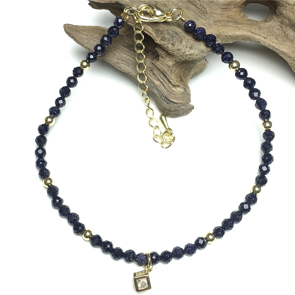 Blue Sandstone Gemstone with Rhinestone Cubic Charm Adjustable Tiny Gemstone Beads Bracelet