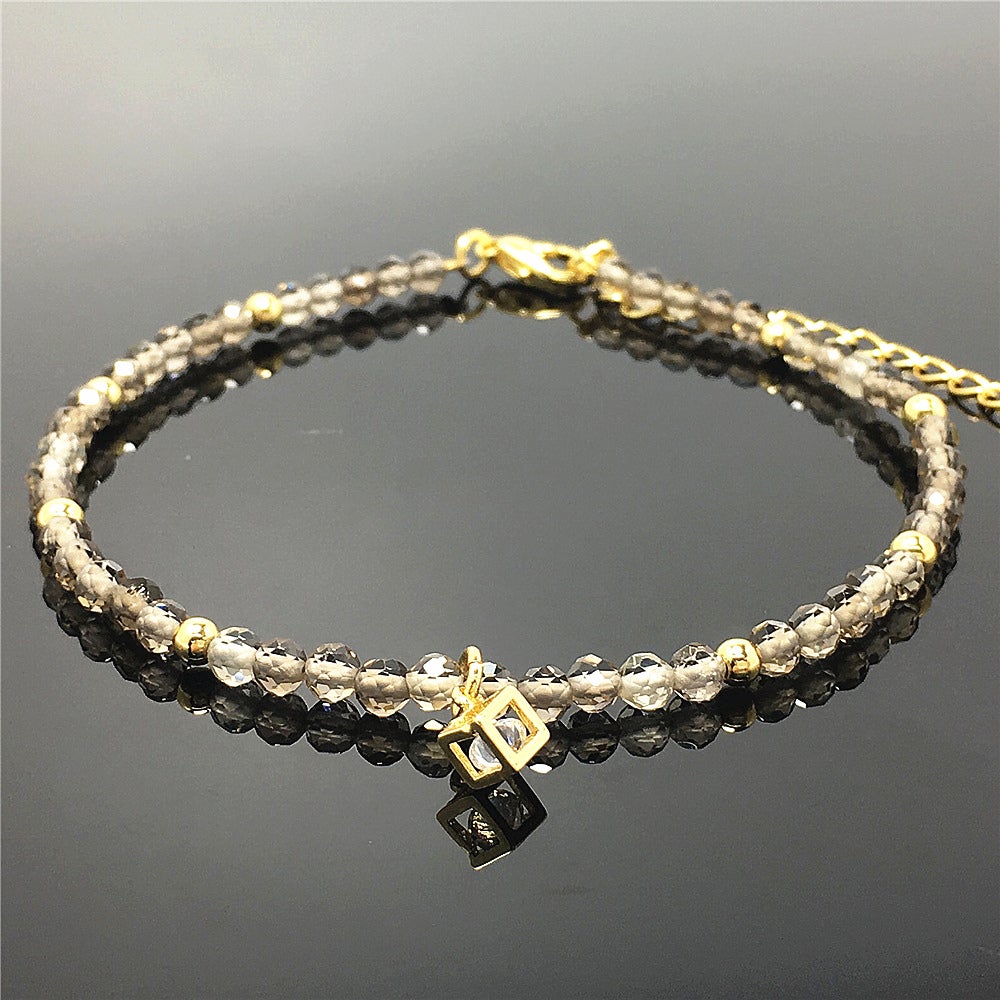 Smoky Quartz Gemstone with Rhinestone Cubic Charm Adjustable Tiny Gemstone Beads Bracelet