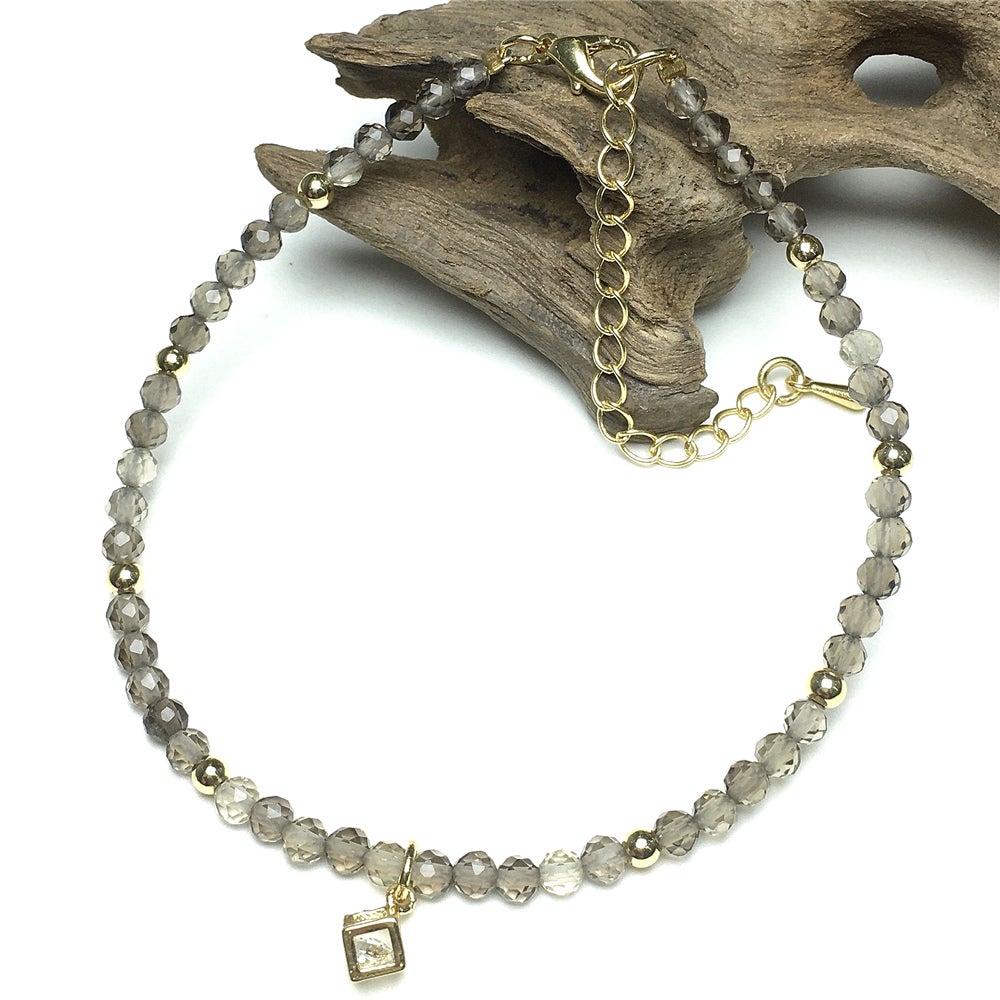 Smoky Quartz Gemstone with Rhinestone Cubic Charm Adjustable Tiny Gemstone Beads Bracelet