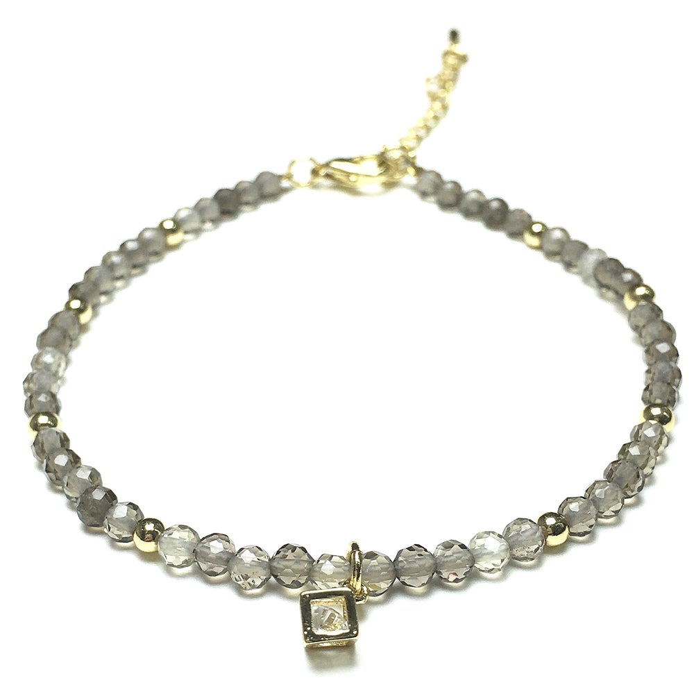 Smoky Quartz Gemstone with Rhinestone Cubic Charm Adjustable Tiny Gemstone Beads Bracelet