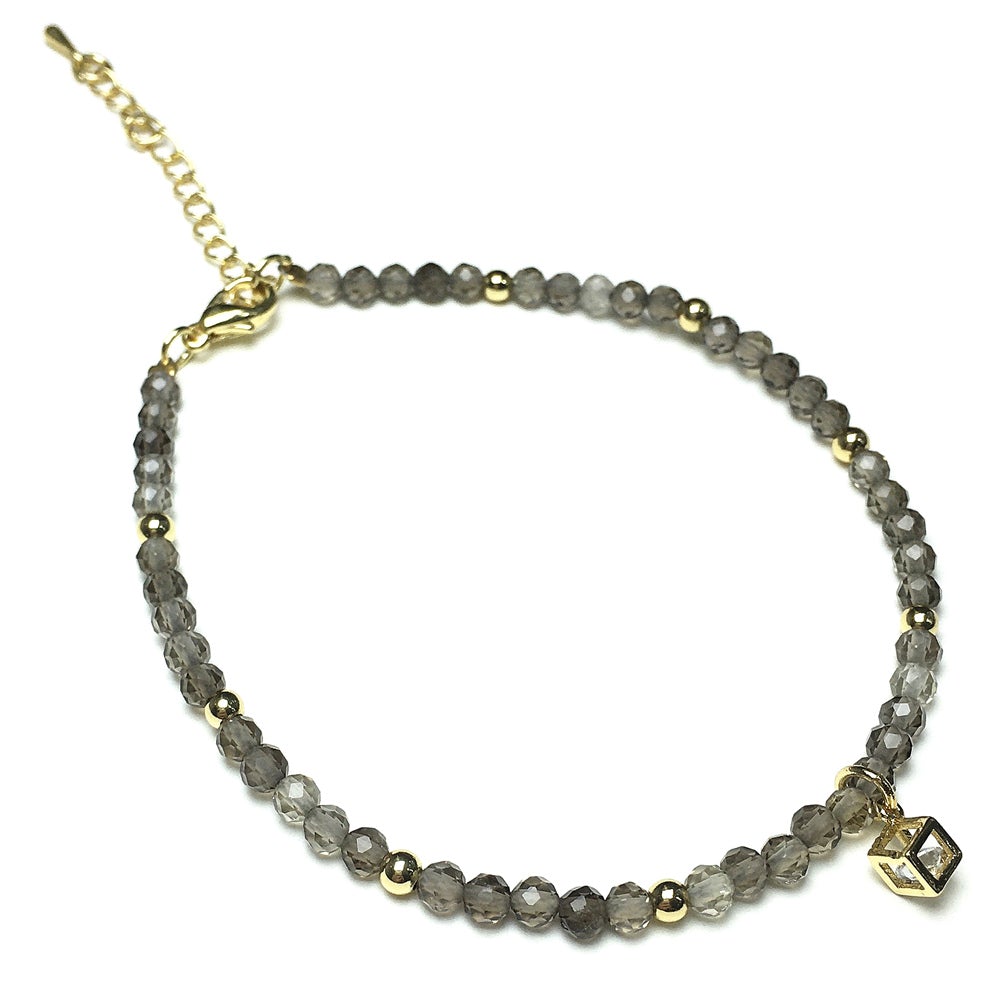 Smoky Quartz Gemstone with Rhinestone Cubic Charm Adjustable Tiny Gemstone Beads Bracelet