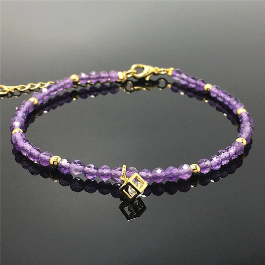 Purple Amethyst Gemstone with Rhinestone Cubic Charm Adjustable Tiny Gemstone Beads Bracelet