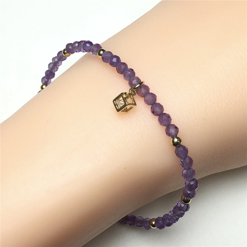 Purple Amethyst Gemstone with Rhinestone Cubic Charm Adjustable Tiny Gemstone Beads Bracelet