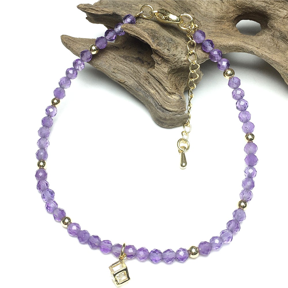 Purple Amethyst Gemstone with Rhinestone Cubic Charm Adjustable Tiny Gemstone Beads Bracelet