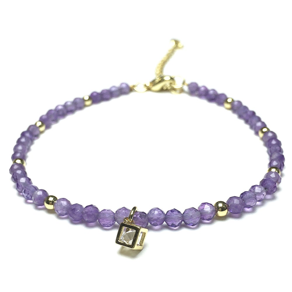 Purple Amethyst Gemstone with Rhinestone Cubic Charm Adjustable Tiny Gemstone Beads Bracelet