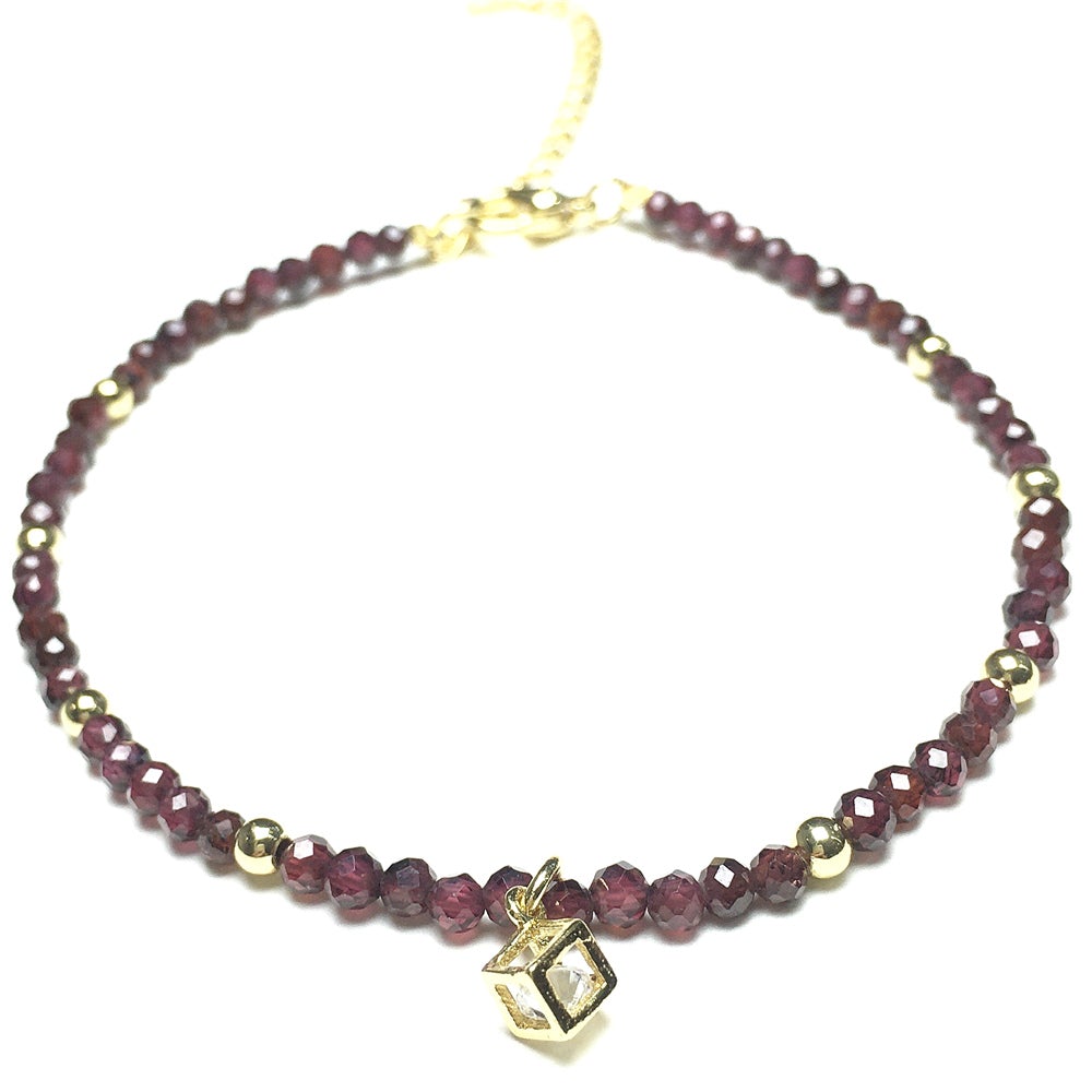 Red Garnet Gemstone with Rhinestone Cubic Charm Adjustable Tiny Gemstone Beads Bracelet