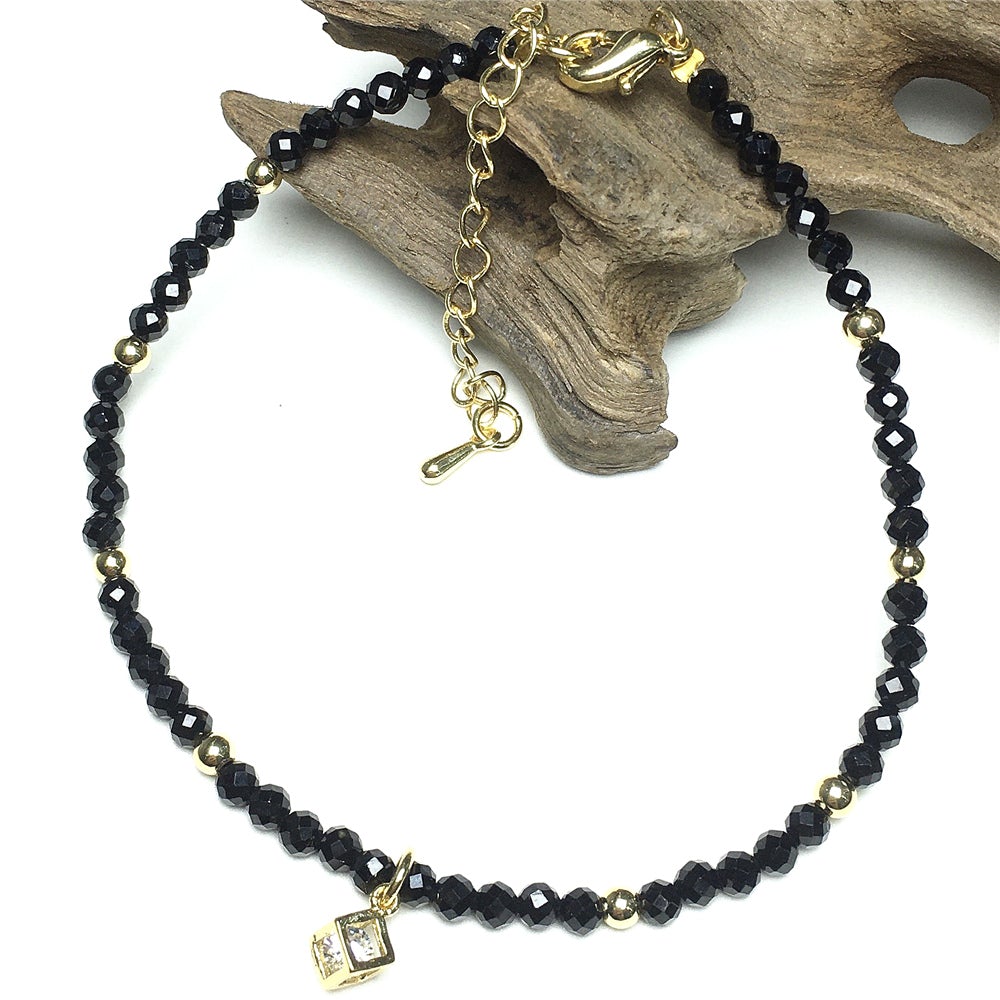 Black Spinel Gemstone with Rhinestone Cubic Charm Adjustable Tiny Gemstone Beads Bracelet