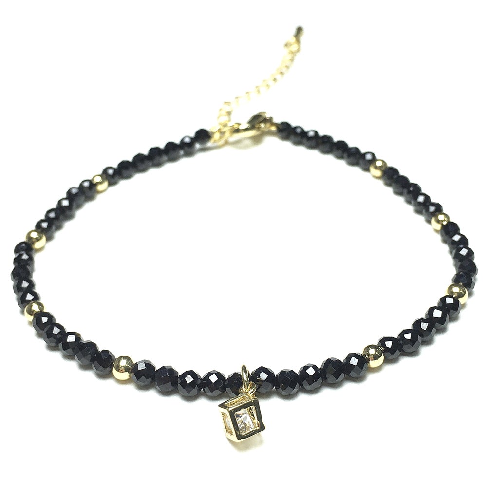 Black Spinel Gemstone with Rhinestone Cubic Charm Adjustable Tiny Gemstone Beads Bracelet