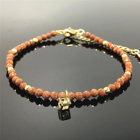 Gold Sandstone Gemstone with Rhinestone Cubic Charm Adjustable Tiny Gemstone Beads Bracelet