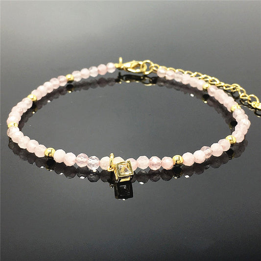 Pink Rose Quartz  Gemstone with Rhinestone Cubic Charm Adjustable Tiny Gemstone Beads Bracelet