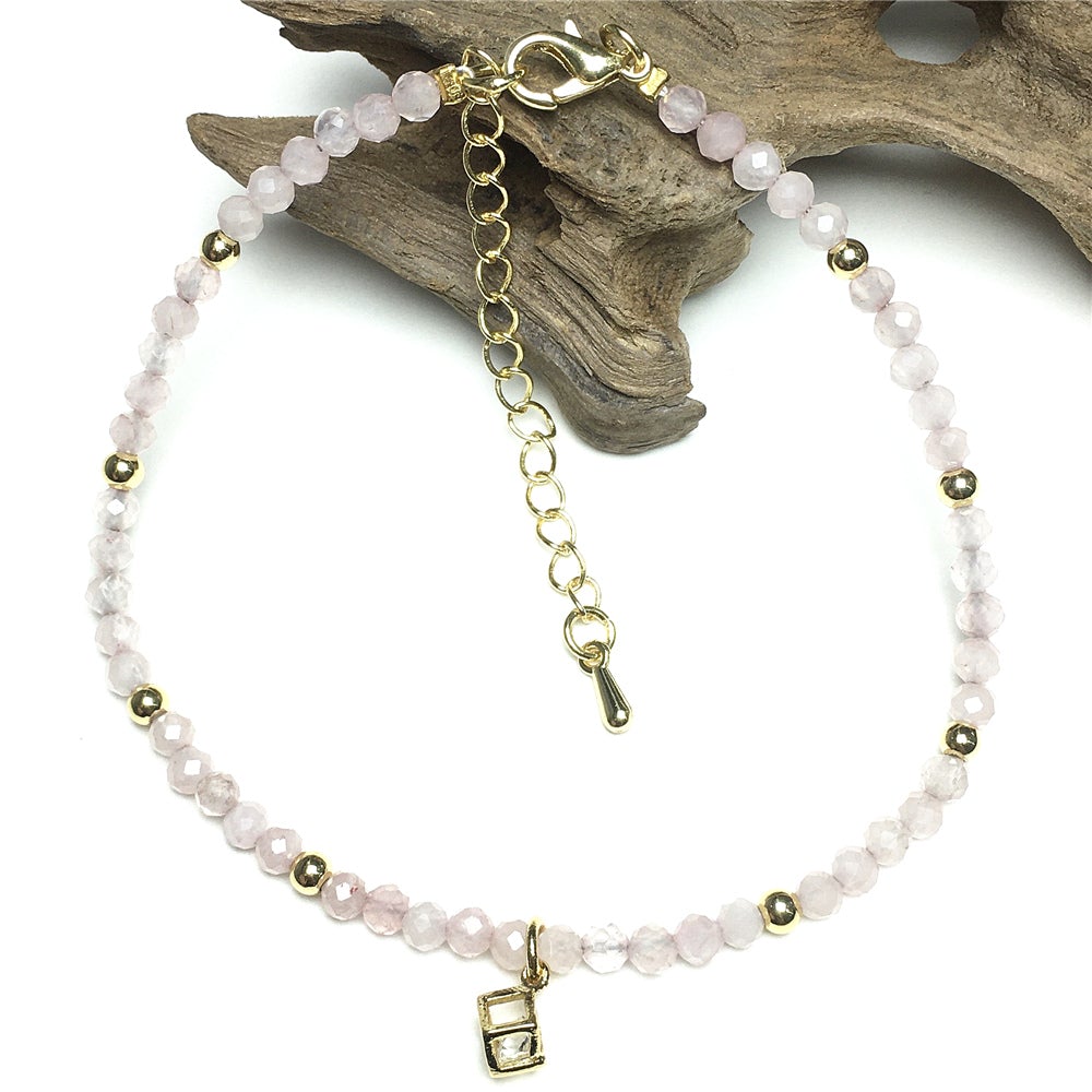 Pink Rose Quartz  Gemstone with Rhinestone Cubic Charm Adjustable Tiny Gemstone Beads Bracelet