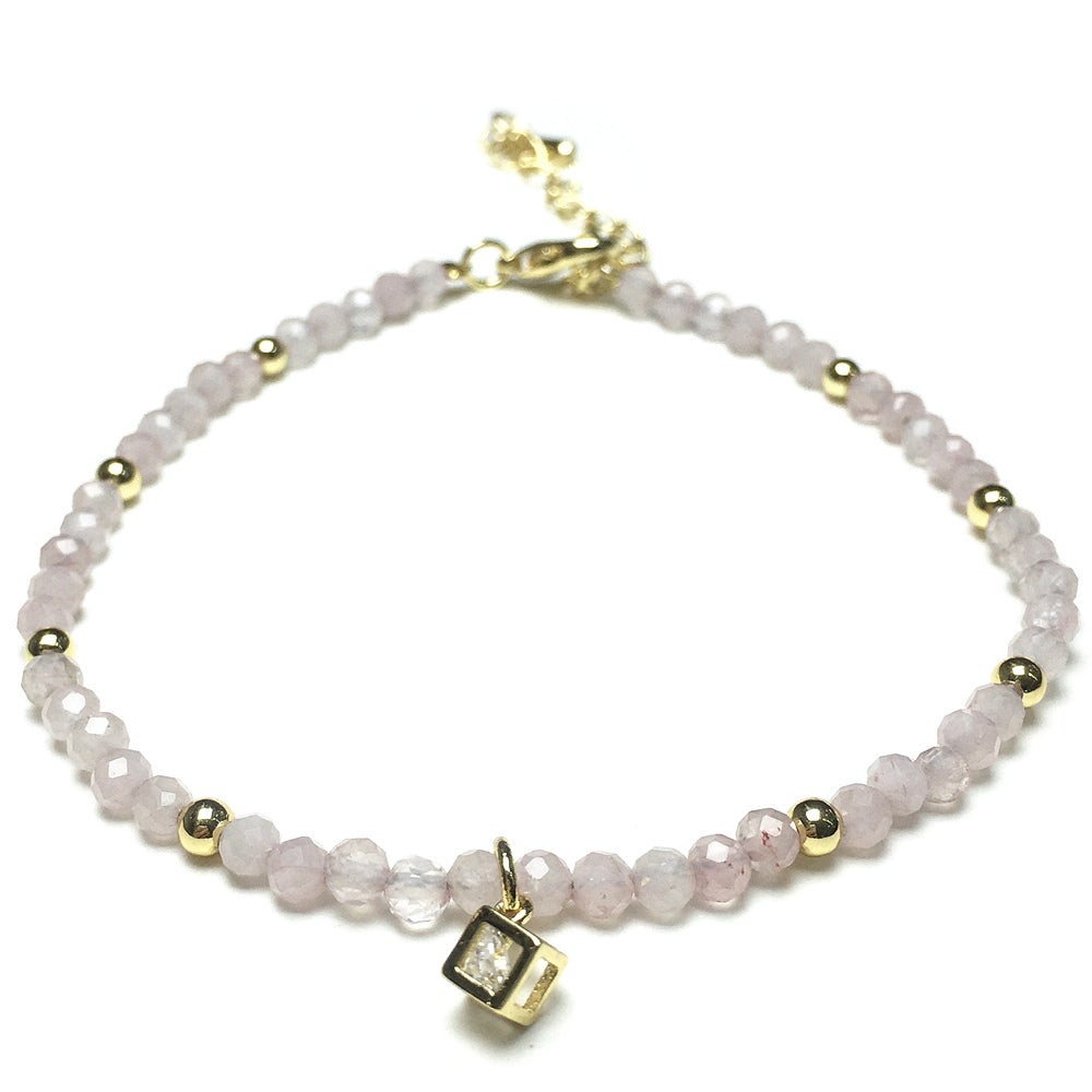 Pink Rose Quartz  Gemstone with Rhinestone Cubic Charm Adjustable Tiny Gemstone Beads Bracelet