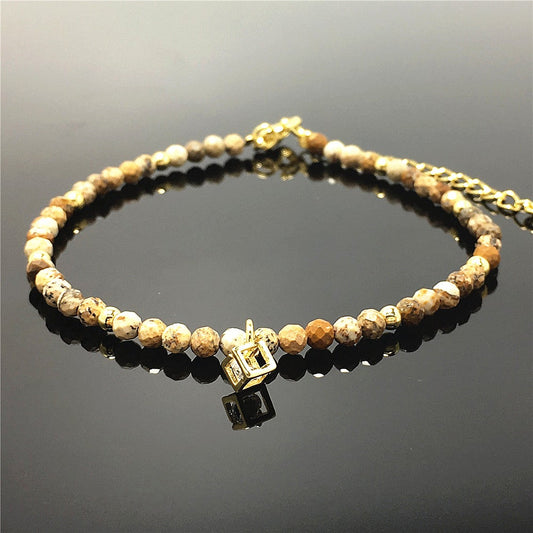 Picture Jasper Gemstone with Rhinestone Cubic Charm Adjustable Tiny Gemstone Beads Bracelet