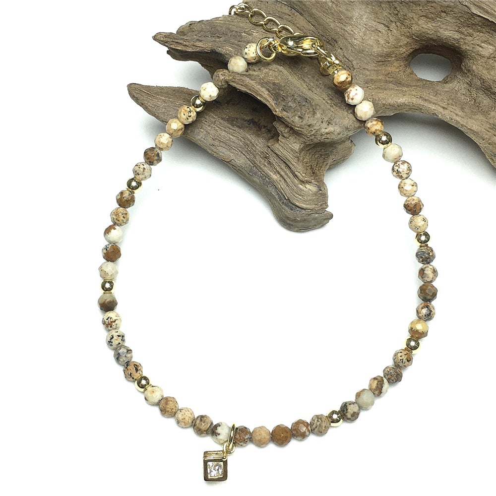 Picture Jasper Gemstone with Rhinestone Cubic Charm Adjustable Tiny Gemstone Beads Bracelet