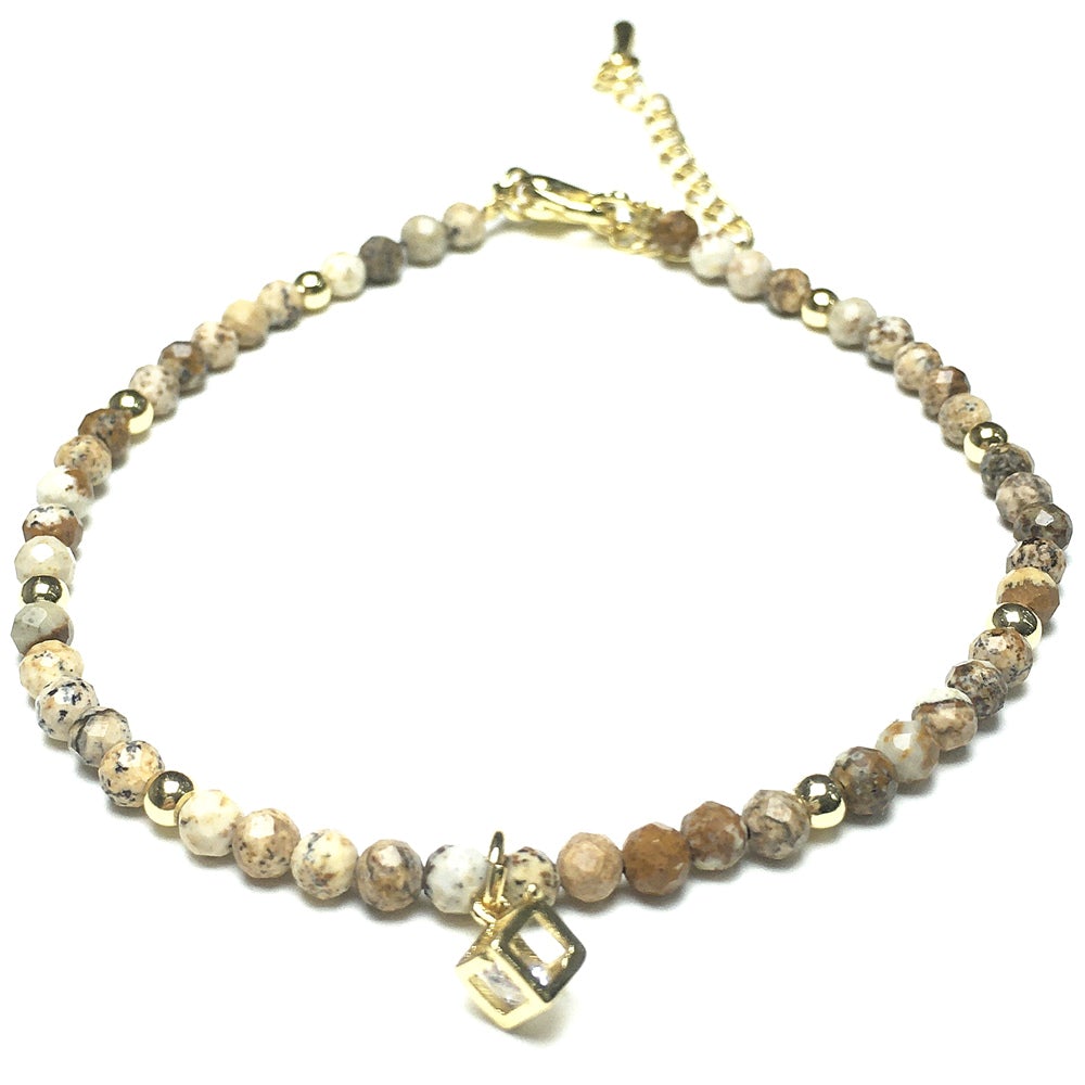 Picture Jasper Gemstone with Rhinestone Cubic Charm Adjustable Tiny Gemstone Beads Bracelet