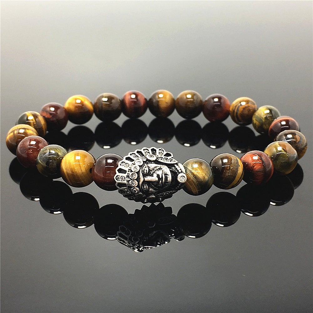 Natural Stone Bracelets Indian Head Bracelet Multi Tigereye Beads Elastic Women Men Jewelry