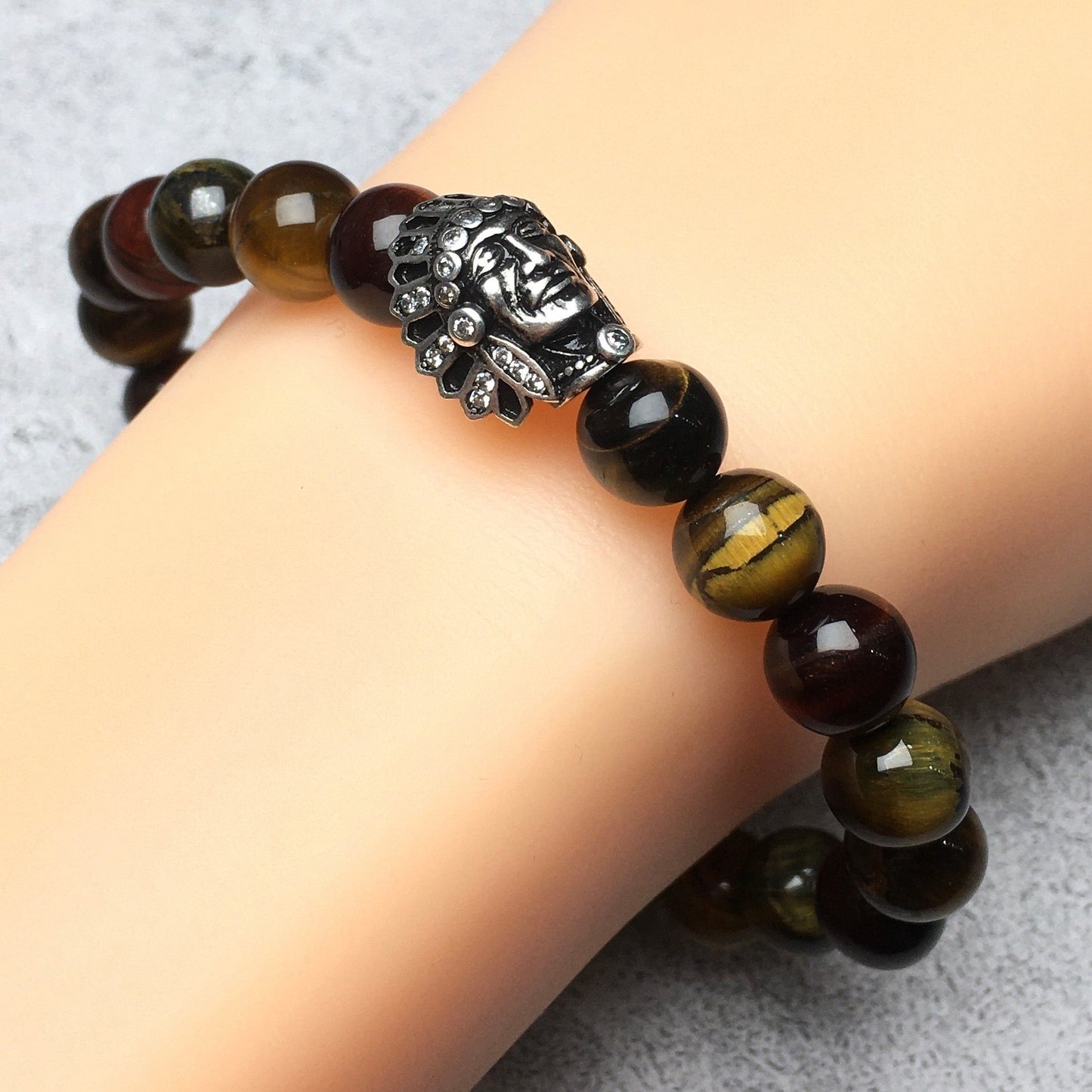 Natural Stone Bracelets Indian Head Bracelet Multi Tigereye Beads Elastic Women Men Jewelry