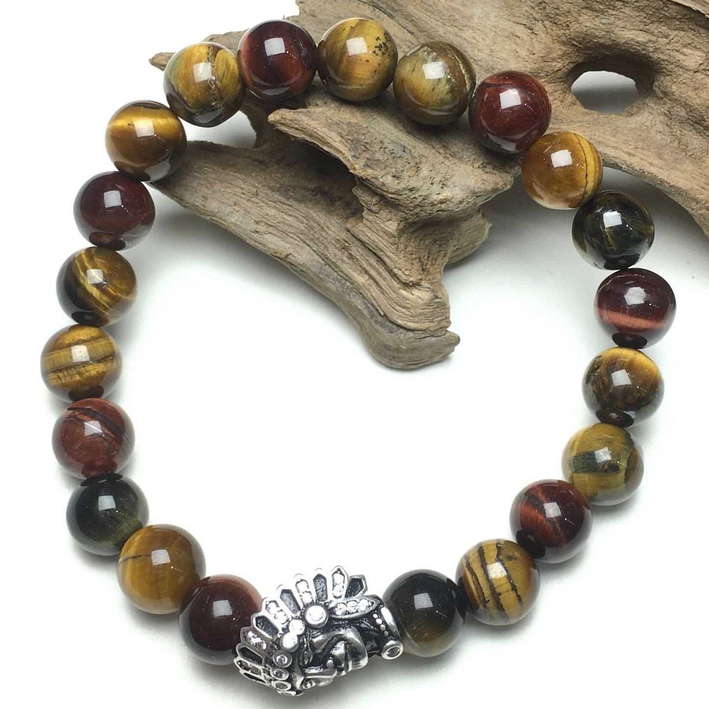 Natural Stone Bracelets Indian Head Bracelet Multi Tigereye Beads Elastic Women Men Jewelry