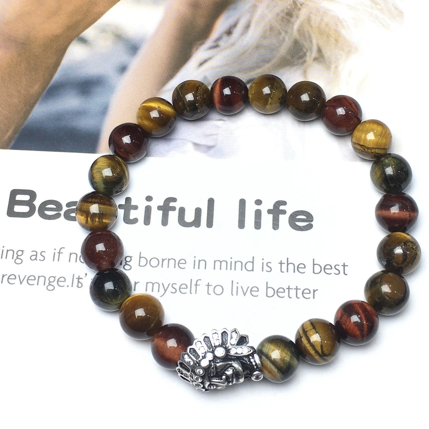 Natural Stone Bracelets Indian Head Bracelet Multi Tigereye Beads Elastic Women Men Jewelry