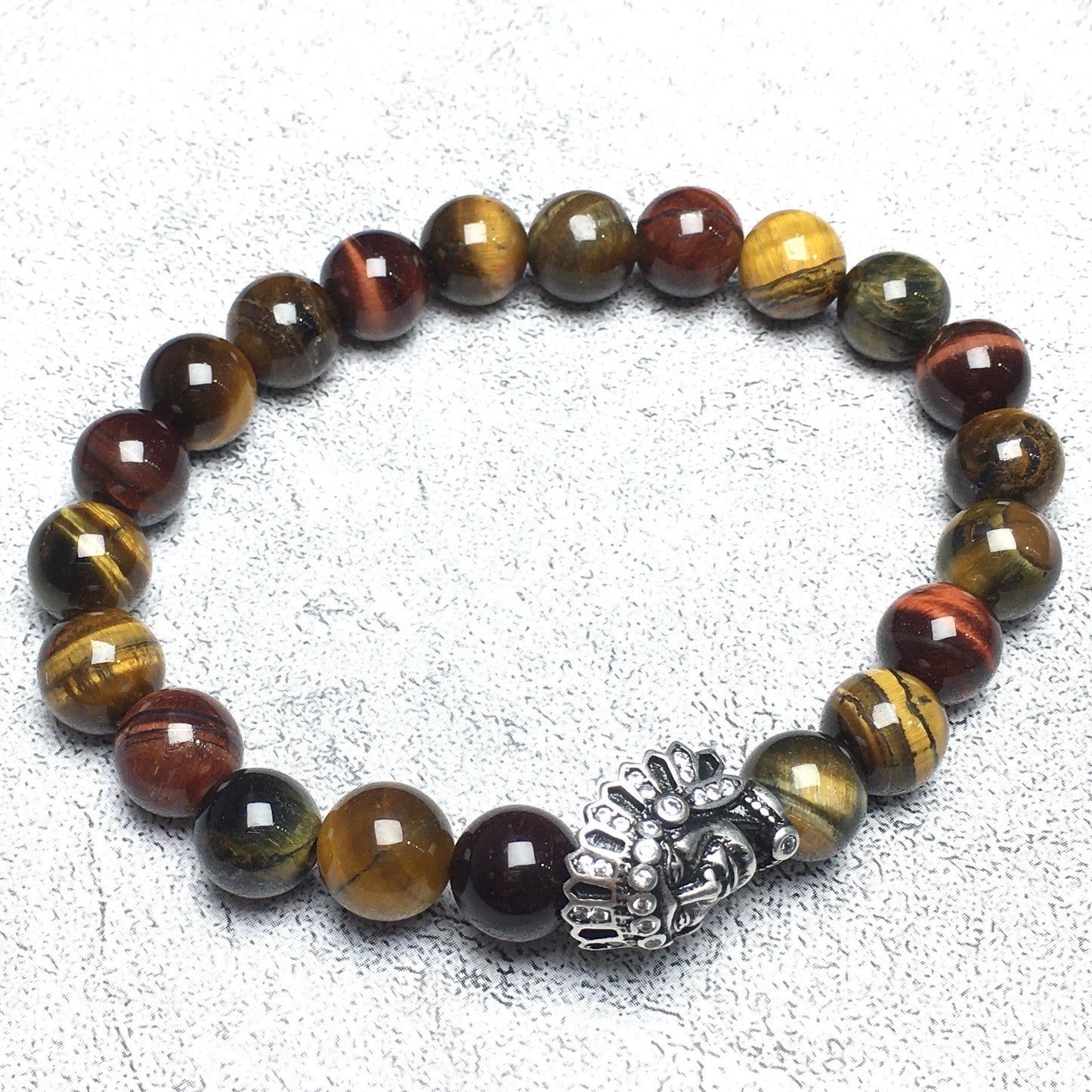 Natural Stone Bracelets Indian Head Bracelet Multi Tigereye Beads Elastic Women Men Jewelry