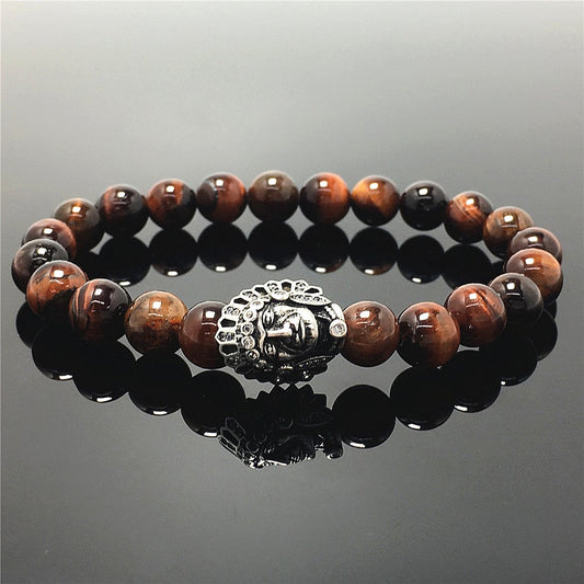 Natural Stone Bracelets Indian Head Bracelet Red Tiger Eye Beads Elastic Women Men Jewelry