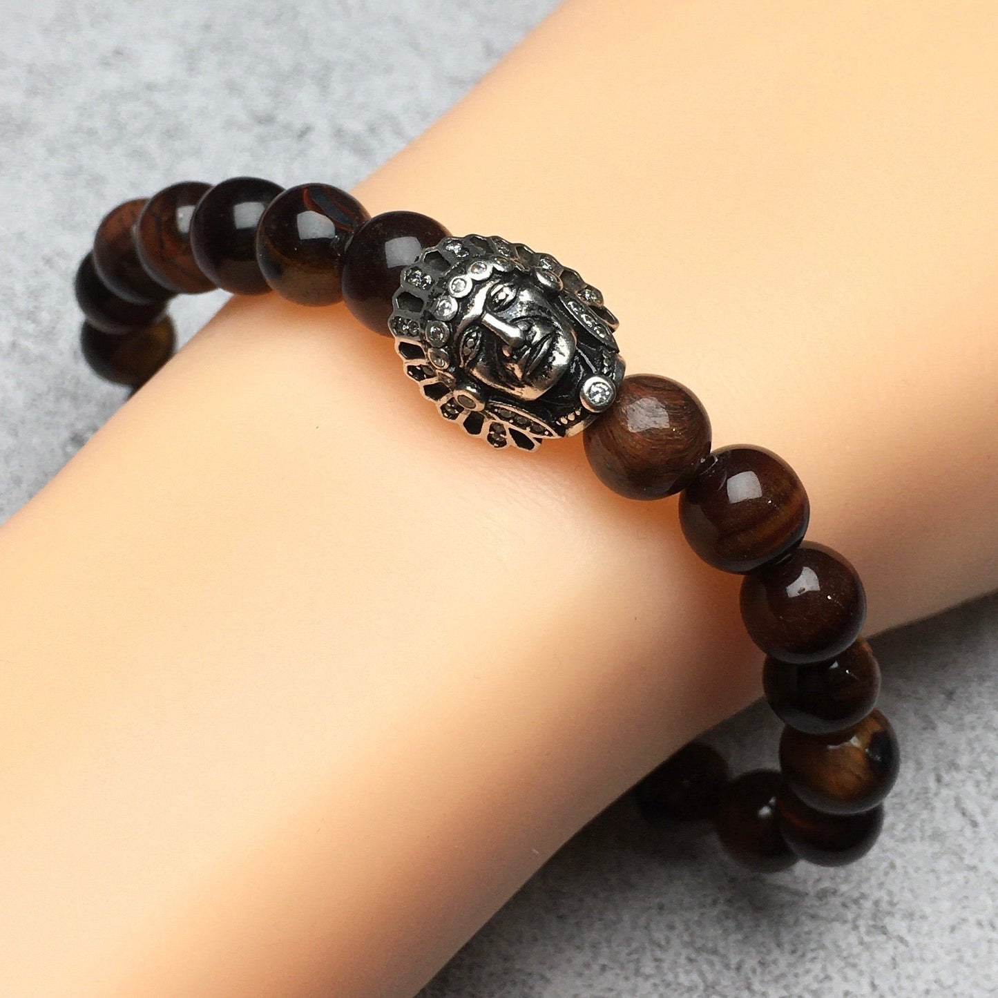 Natural Stone Bracelets Indian Head Bracelet Red Tiger Eye Beads Elastic Women Men Jewelry