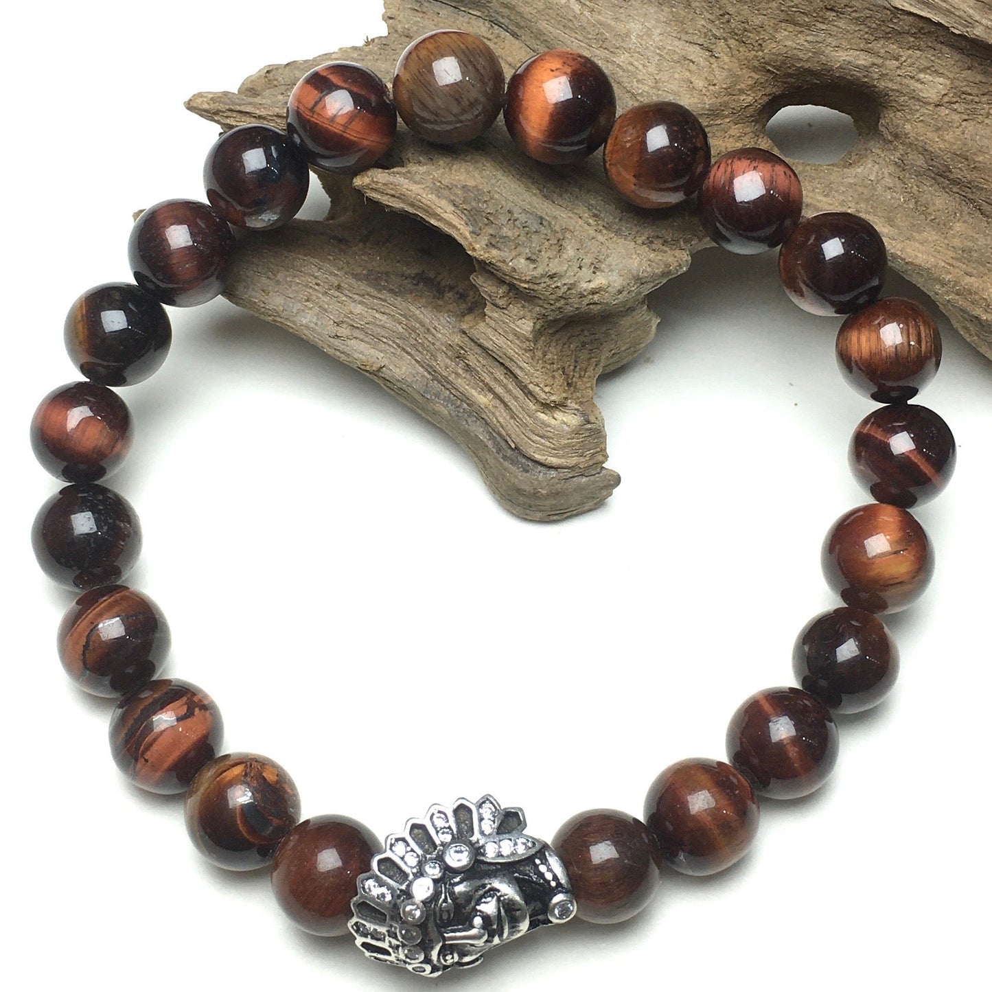 Natural Stone Bracelets Indian Head Bracelet Red Tiger Eye Beads Elastic Women Men Jewelry