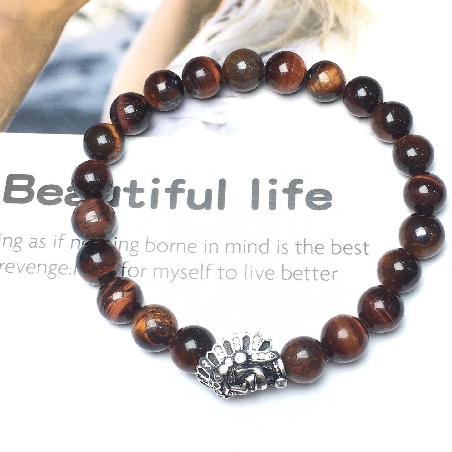 Natural Stone Bracelets Indian Head Bracelet Red Tiger Eye Beads Elastic Women Men Jewelry