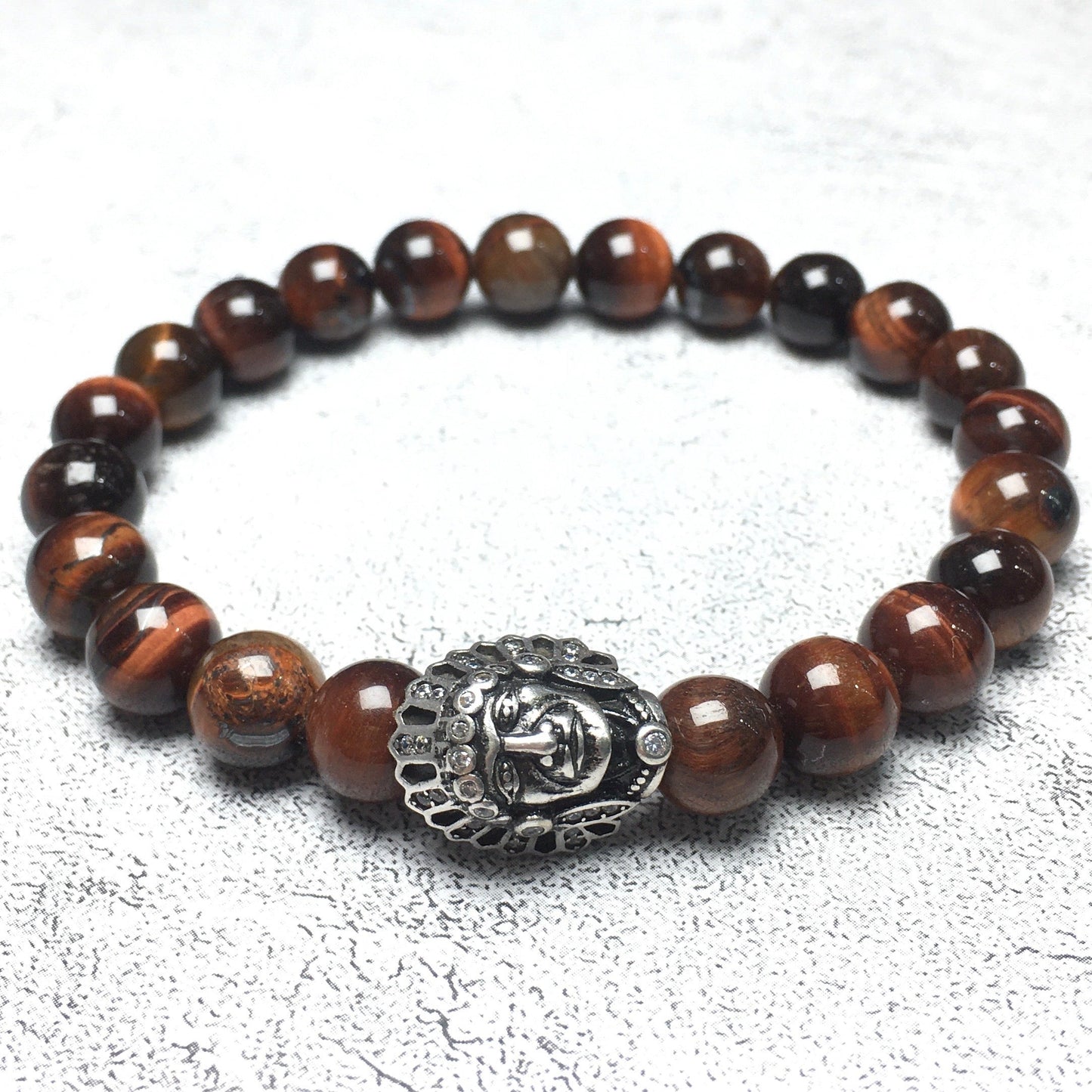 Natural Stone Bracelets Indian Head Bracelet Red Tiger Eye Beads Elastic Women Men Jewelry