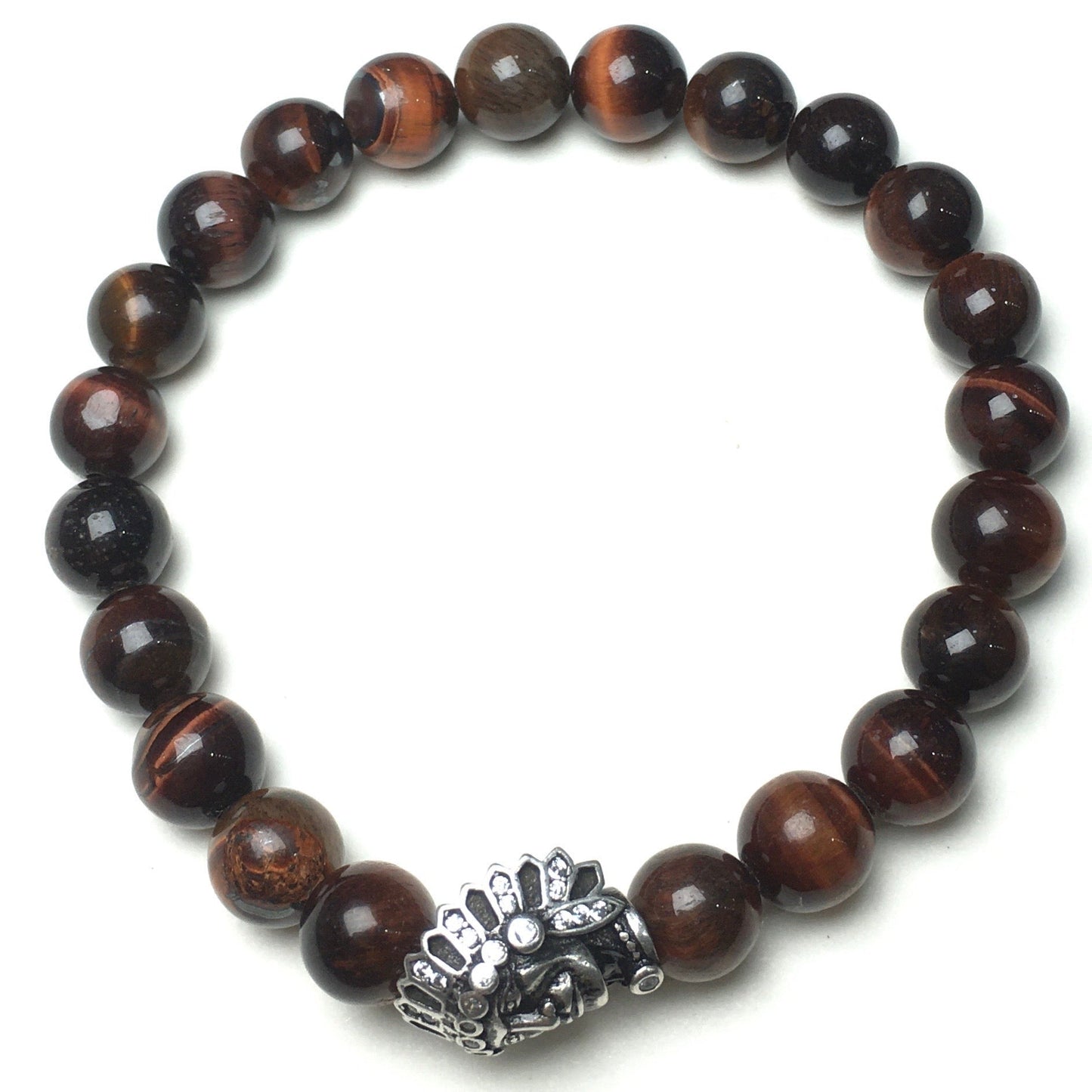 Natural Stone Bracelets Indian Head Bracelet Red Tiger Eye Beads Elastic Women Men Jewelry