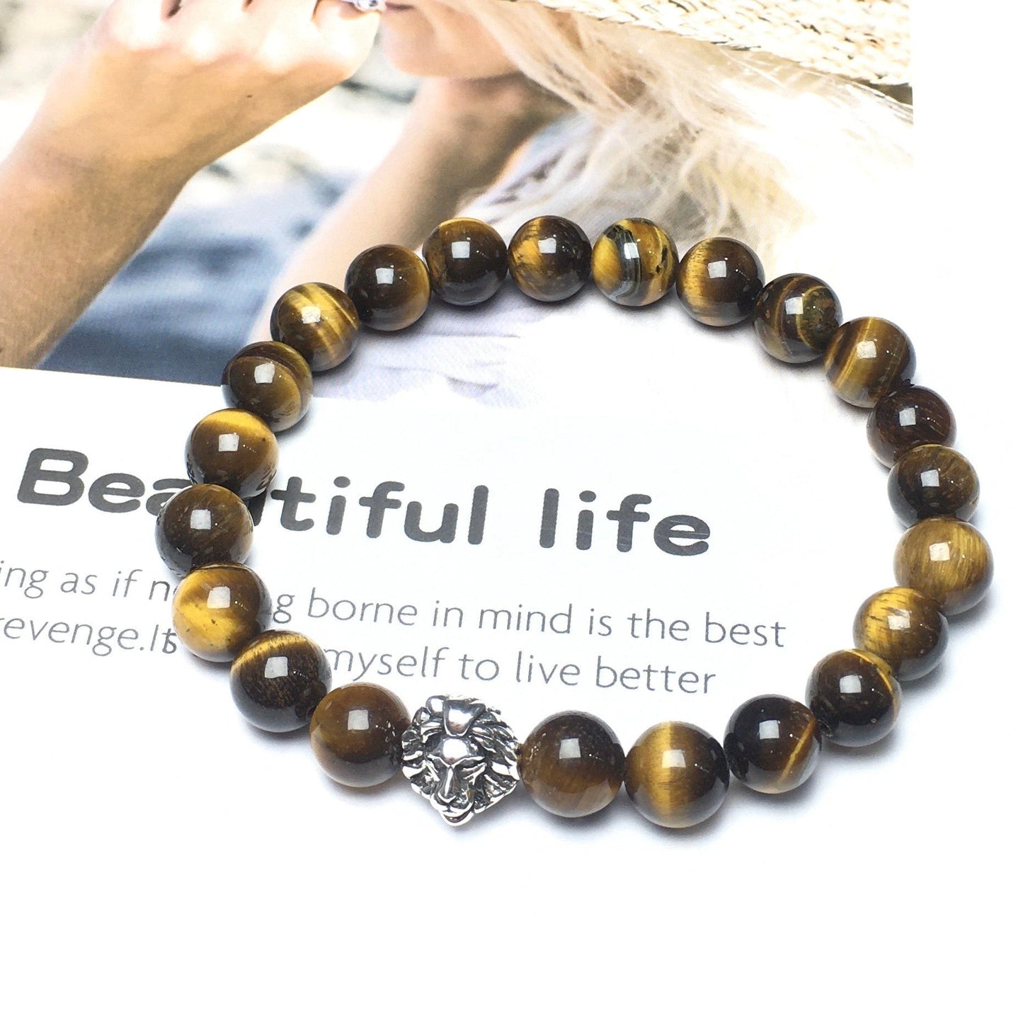 Natural Tiger Eyes Beaded Bracelet Elastic Adjustable Gemstone Bracelet Lion Style