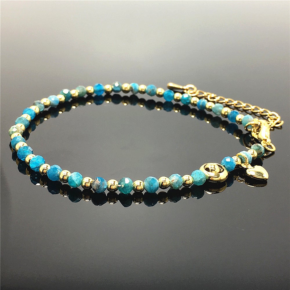 Blue Apatite Gemstone Adjustable Bracelet Tiny Beads Gemstone Bracelet with Love Heart Charm