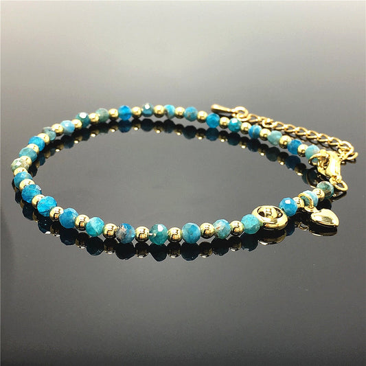 Blue Apatite Gemstone Adjustable Bracelet Tiny Beads Gemstone Bracelet with Love Heart Charm