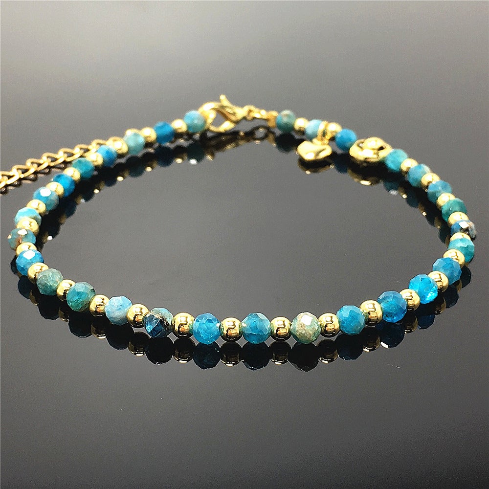 Blue Apatite Gemstone Adjustable Bracelet Tiny Beads Gemstone Bracelet with Love Heart Charm