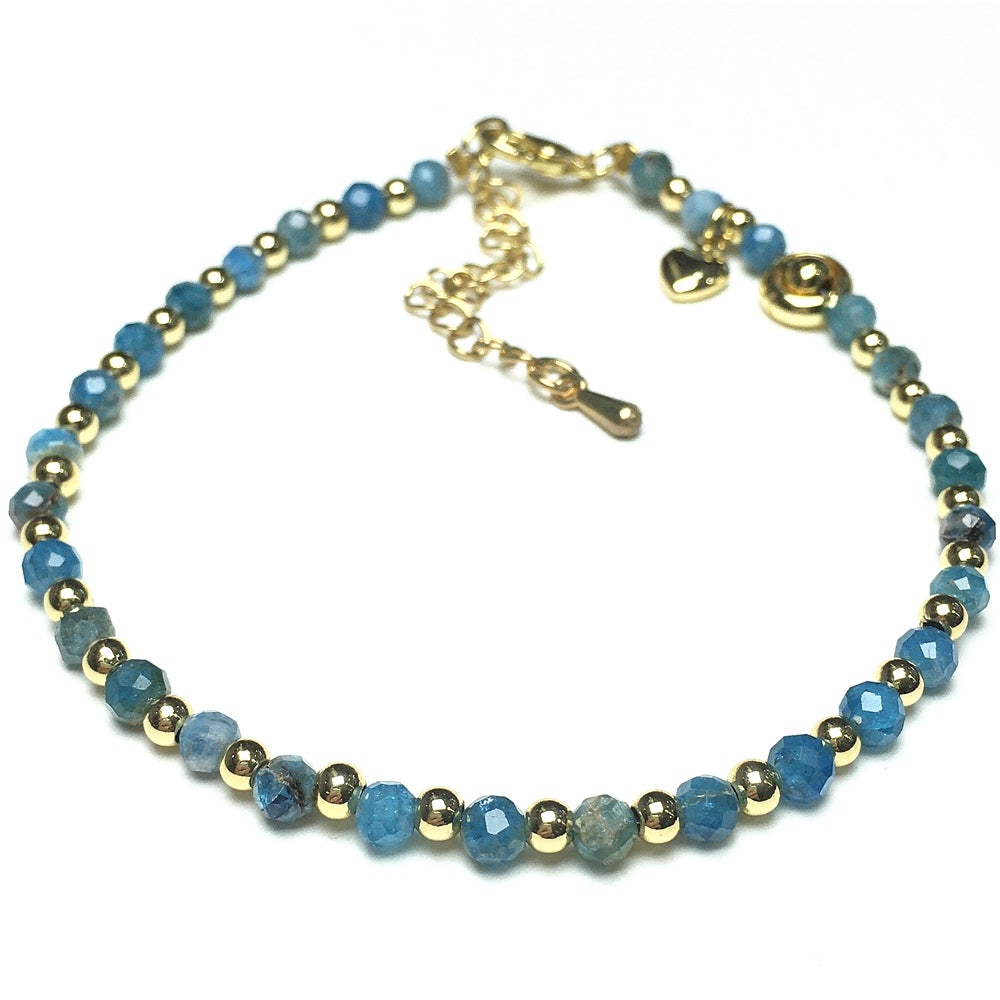 Blue Apatite Gemstone Adjustable Bracelet Tiny Beads Gemstone Bracelet with Love Heart Charm