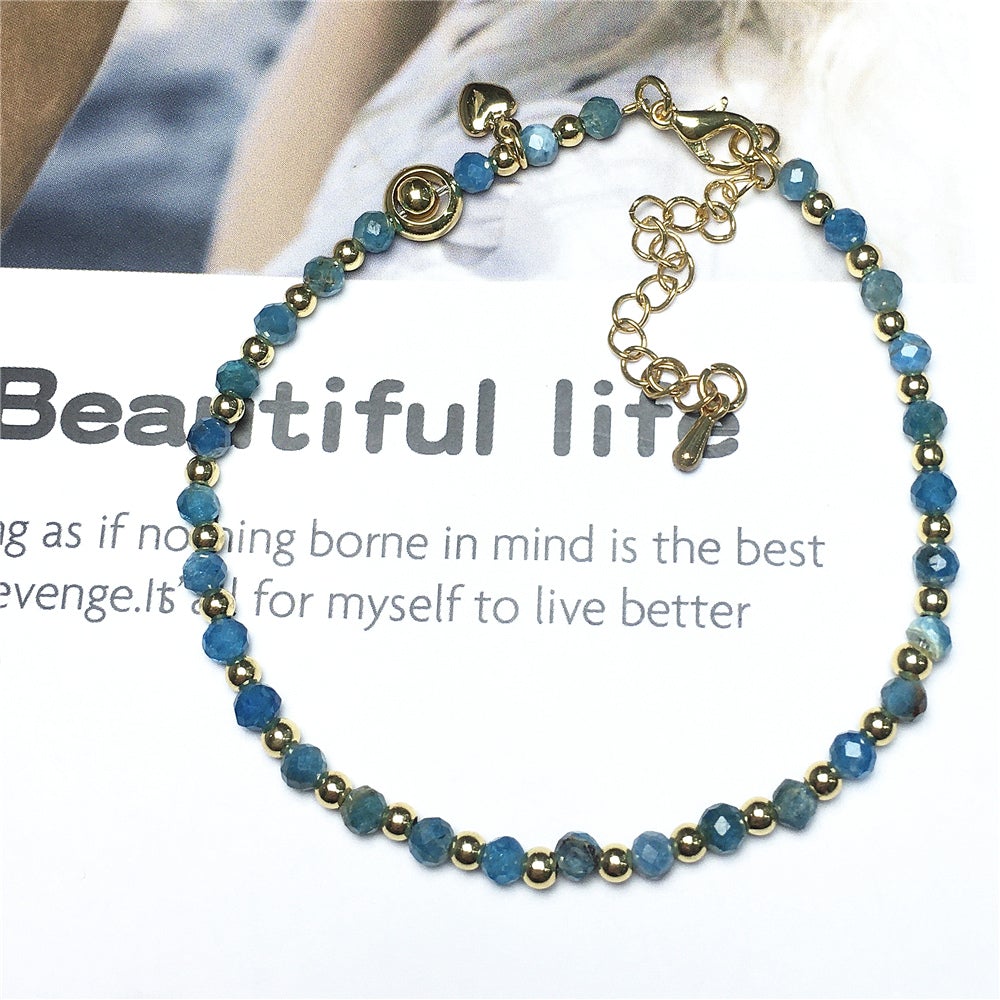 Blue Apatite Gemstone Adjustable Bracelet Tiny Beads Gemstone Bracelet with Love Heart Charm