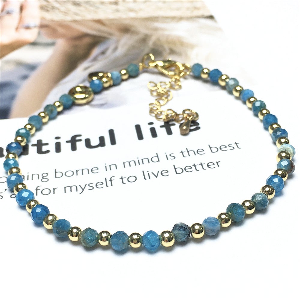 Blue Apatite Gemstone Adjustable Bracelet Tiny Beads Gemstone Bracelet with Love Heart Charm